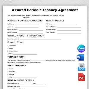 May include: An Assured Periodic Tenancy Agreement document template featuring sections for property owner, tenant details, rental property information, tenancy term, and rent payment details, with Canva, Word, and PDF file format icons.