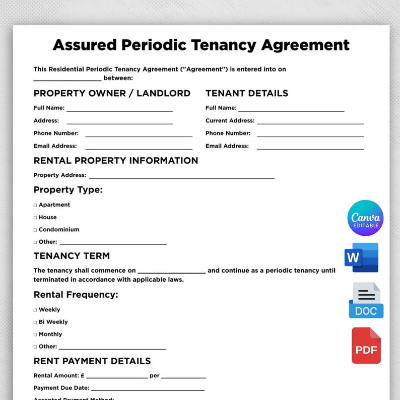 May include: An Assured Periodic Tenancy Agreement document template featuring sections for property owner, tenant details, rental property information, tenancy term, and rent payment details, with Canva, Word, and PDF file format icons.