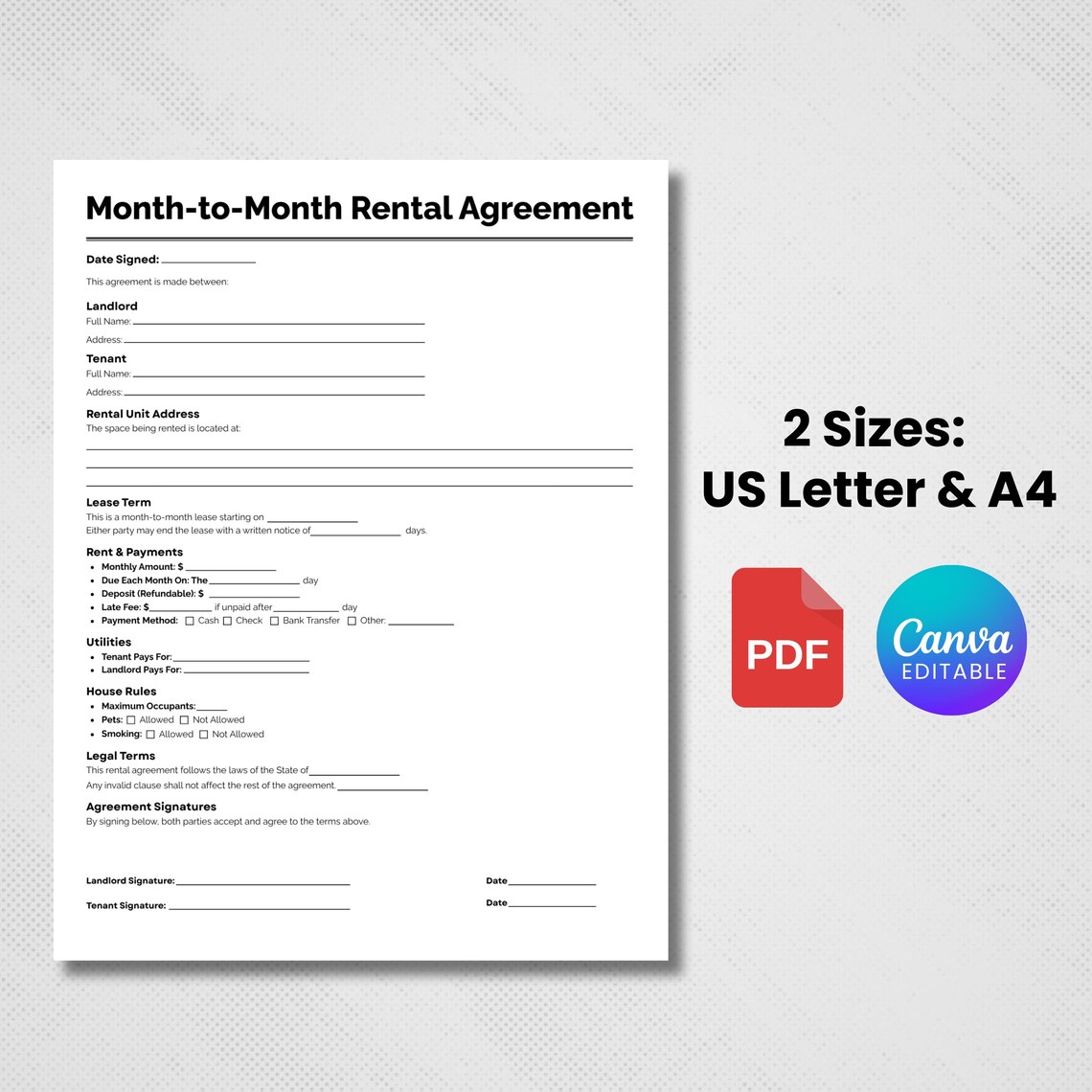 One Month Rent One Page Month to Month Rental Agreement, Rental Contract, Editable ...