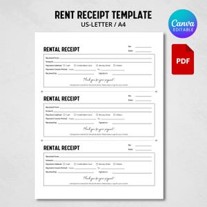 Editable Rent Receipt Template, Printable Simple Rent Receipt, Minimalist Receipt, Sales Receipt Editable, Business Receipt Canva Template