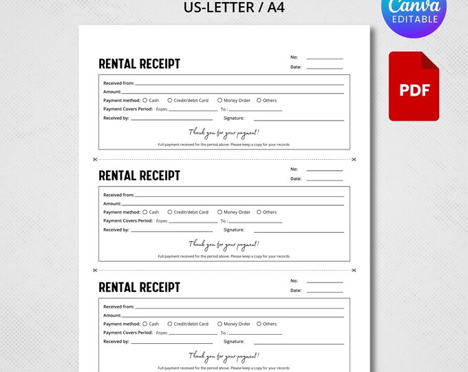 Simple Rent Receipt Template, Printable Receipt for Rental Payment ...