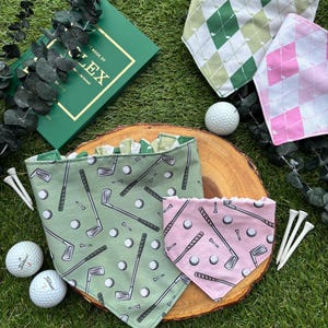 Golf Dog Bandana – Cute Pet Scarf with Golf Clubs & Balls, Sporty Dog Accessory for Golf Lovers, Reversible Dog Bandana in Green or Pink
