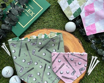 Golf Dog Bandana – Cute Pet Scarf with Golf Clubs & Balls, Sporty Dog Accessory for Golf Lovers, Reversible Dog Bandana in Green or Pink