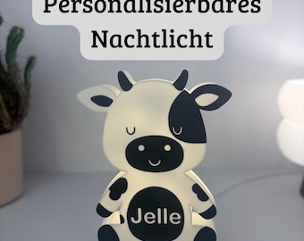 Personalisierte Kinderlampe Kuh – Nachtlicht mit Name | 3D-Druck Tierlampe Kinderzimmer | Geschenk Geburt Taufe Geburtstag | Lampe Baby