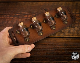 Leather Belt Potion Holder for 4 Bottles - Quadruple Vial Holster , Alchemists, Healers, Adventurers ,Steampunk