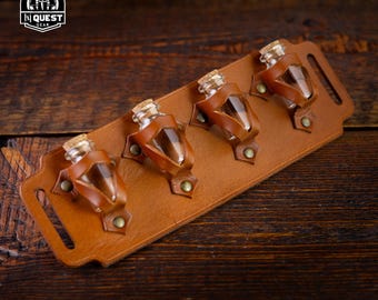 Leather Belt Potion Holder for 4 Bottles - Ideal for Cosplay, Alchemists, Healers, Adventurers ,Steampunk Accessory , Quadruple Vial Holster