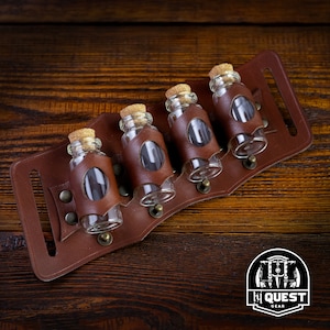 Leather Belt Potion Holder for 4 Bottles - Ideal for Cosplay, Alchemists, Healers, Adventurers , Steampunk Accessory, Quadruple Vial Holster
