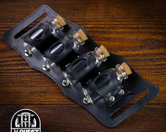Leather Belt Potion Holder for 4 Bottles - Ideal for Cosplay, Alchemists, Healers, Adventurers , Steampunk Accessory, Quadruple Vial Holster