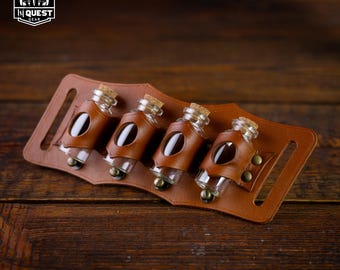 Leather Belt Potion Holder for 4 Bottles - Ideal for Cosplay, Alchemists, Healers, Adventurers , Steampunk Accessory, Quadruple Vial Holster
