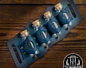 Leather Belt Potion Holder for 4 Bottles - Ideal for Cosplay, Alchemists, Healers, Adventurers , Steampunk Accessory, Quadruple Vial Holster