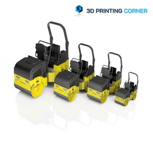 May include: Several yellow and black road rollers of different sizes. Each roller has a black cab, a yellow drum, and a black safety bar. The text "3D PRINTING CORNER" is visible in the top right corner.