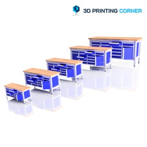 May include: Five different sizes of blue and wood workbenches with drawers and doors. The workbenches are arranged in a row from largest to smallest.