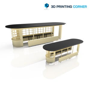 May include: Two 3D-printed bus stop shelters. The shelters have a black roof, beige frame, and a grid-like design. The text "3D PRINTING CORNER" is in the upper right corner. The shelters are on a white background.