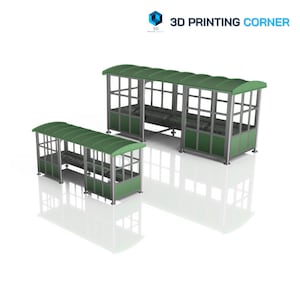 May include: Two green bus shelters with a metal frame and glass windows. The larger shelter has a curved roof and the smaller shelter has a flat roof.