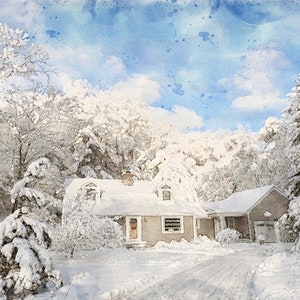 winter village watercolors snowy landscape countryside wall art digital print