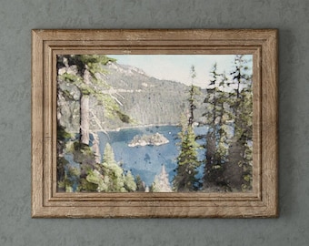Original Handmade Watercolor Painting of Lake Tahoe Mountains View through Pines - Unique Nature Inspired Artwork for Home Wall Decor