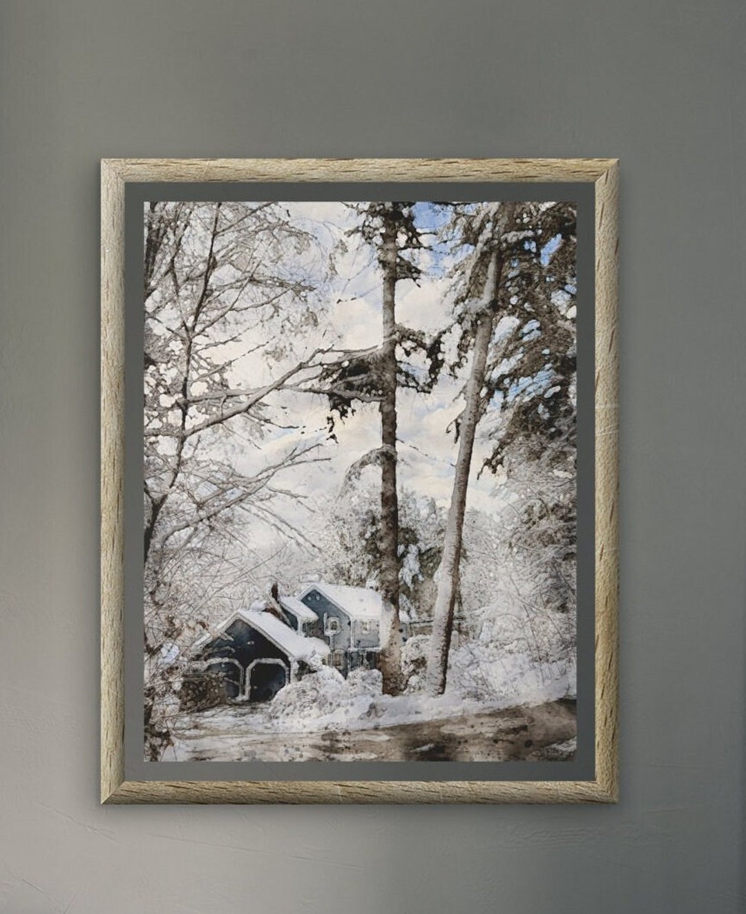 Winter Village Snowy Trees Watercolor Art Landscape Countryside Wall ...