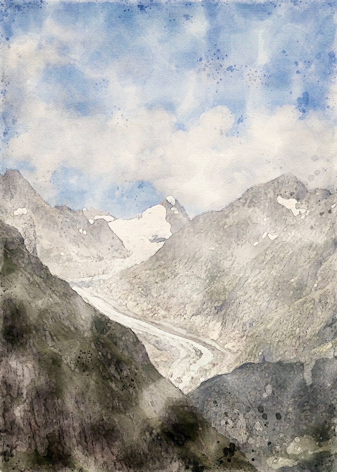Alpine Painting, Mountain Glacier Snowy Peaks Watercolor, Watercolor ...