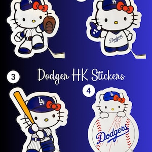 May include: Four stickers featuring a cartoon cat wearing a Dodgers baseball cap and bow. The cat is depicted in various baseball poses, including holding a glove, a number one finger, and a bat. The text "Dodger HK Stickers" is also present.