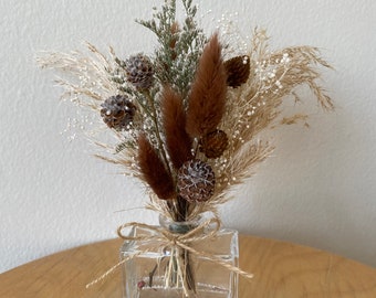 Mini Dried Flower Arrangement, Neutral Tones of Brown and Beige, Table Centerpiece, Gift