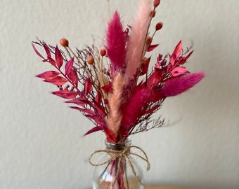 Mini Dried Flower Arrangement, Bright Pink and Light Pink, Table Centerpiece, Gift