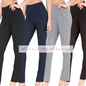 May include: Four pairs of women's trousers in black, navy blue, grey, and brown. The trousers are all slim-fitting and have a slight flare at the bottom.