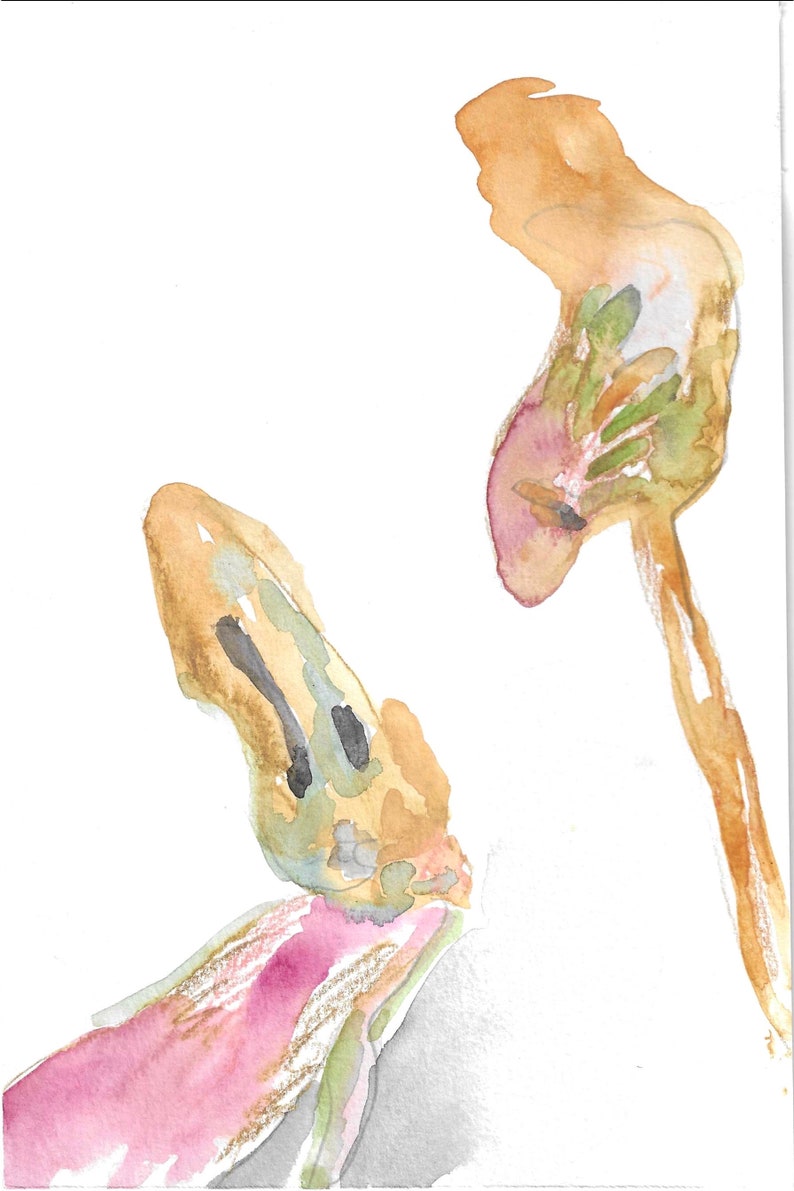 May include: Abstract watercolor painting with two shapes in shades of pink, brown, green, and yellow.