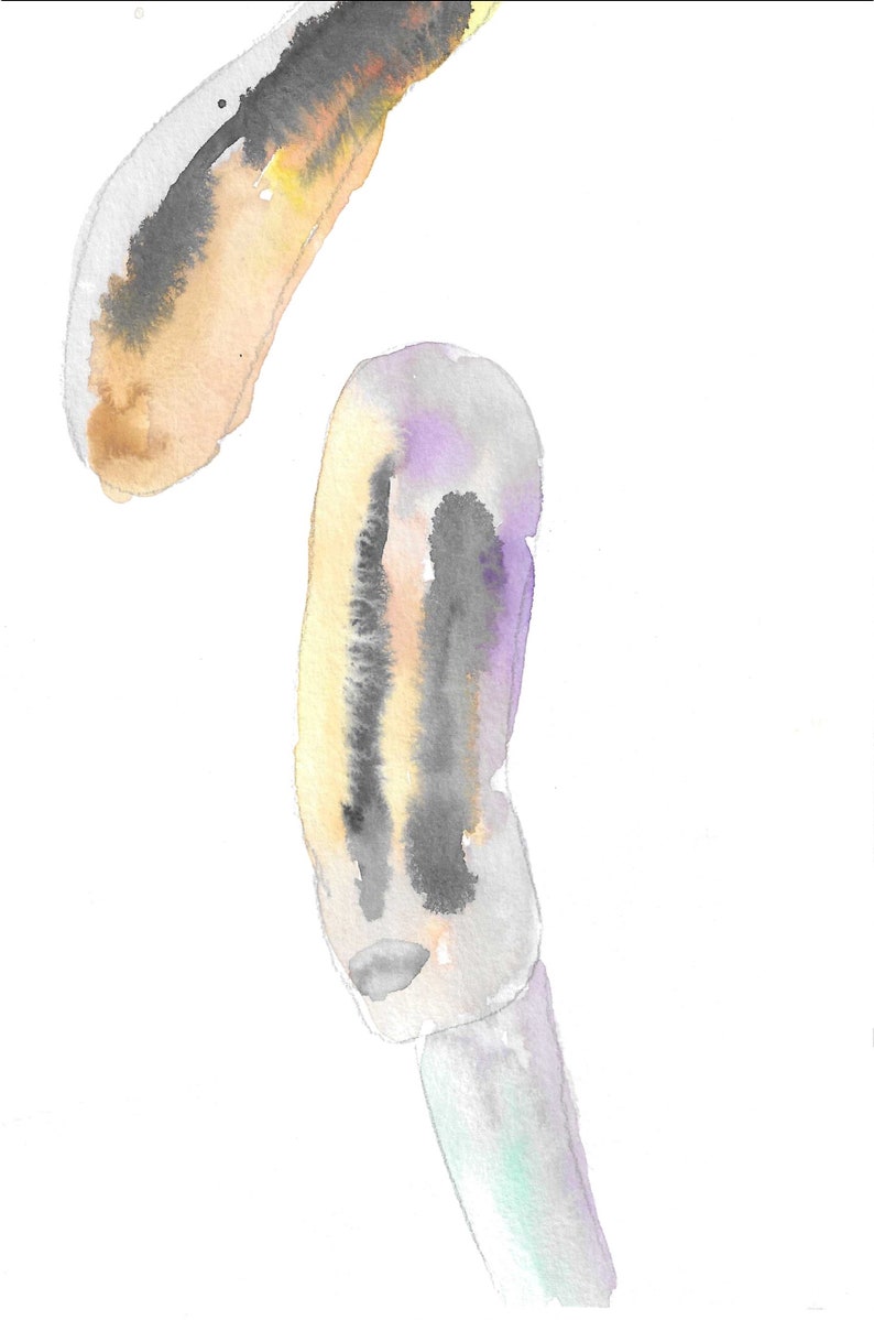 May include: Abstract watercolor painting with two shapes. The top shape is a light brown, yellow, and gray color. The bottom shape is a light gray, purple, and black color.