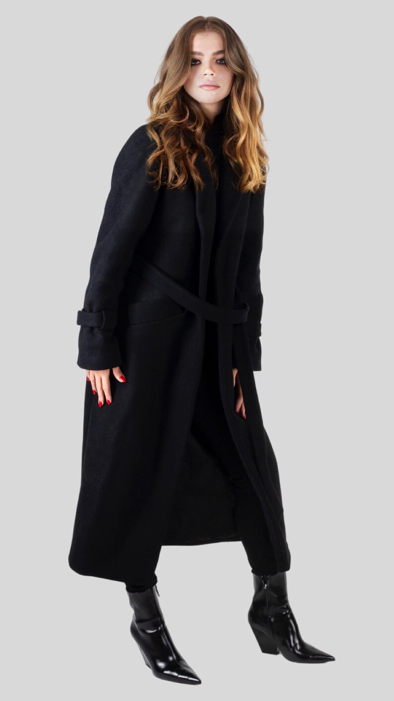 Elegant long wool coat, 100% premium wool, timeless design with belt or button closure—perfect for effortless style in any season