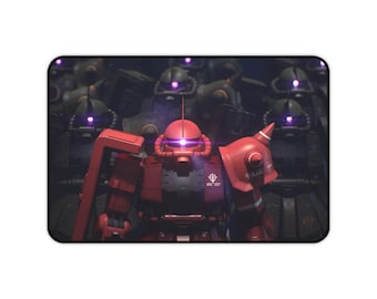 May include: A red robot with a purple eye stands in front of a line of other robots. The robots are all dark gray and have purple eyes. The red robot is in the center of the image and is the focus of the image.
