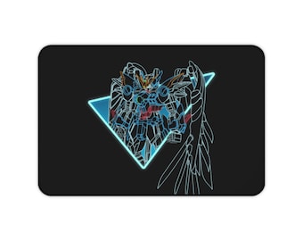 May include: A black and white line art illustration of a robot with wings, set against a blue and black triangle background.