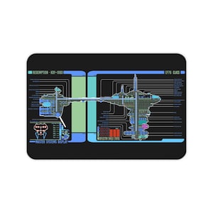 May include: A black and blue schematic diagram of the USS Redemption, a starship of the EFF76 class. The diagram shows the ship's layout, including its various systems and compartments. The text "REDEMPTION - KDY-1980" and "MASTER SYSTEMS DISPLAY" are visible on the diagram.