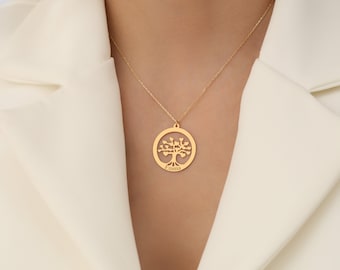 Baum des Lebens Halskette, Muttertagsgeschenk, individuelle Namenskette, personalisierte Familienkette, 14K vergoldet, runder Anhänger für Halskette