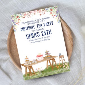 Editable Afternoon Tea Party Invitation | Birthday Tea Party Printable | Elegant Floral Invite for Women or Girls | Instant Download