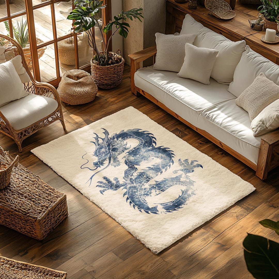 Janpanese Floral Dragon Print Round Rug
