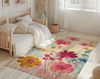 Pink Flower Rug Floral Area Rug Cottagecore Rug Colorful Living Room Bedroom Kitchen Home Gift Floral Home Decor Coquette Room Decor