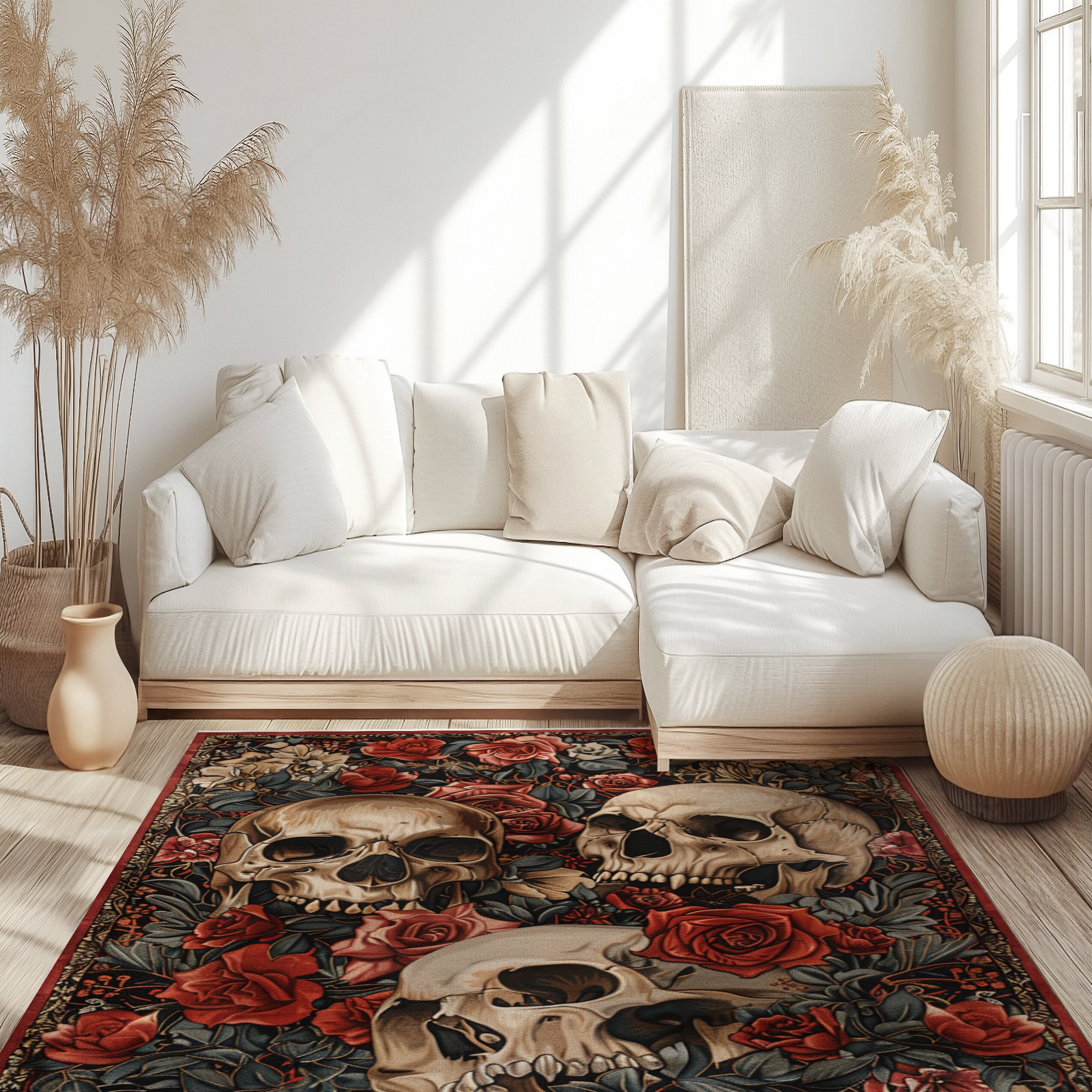 Flower and Skull Rug Dark Floral Area Rug Dark Cottagecore Rug Gothic ...