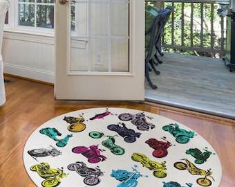 Vintage Motorcycle Collage Round Rug, Biker Garage Decor, Custom Shape Floor Mat, Washable, Non-Slip, Rider Gift, Man Cave Art, Hallway Rug