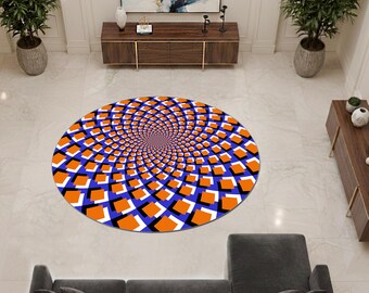 Round Optical Illusion Rug Blue Orange, 3D Spiral Circle Carpet, Modern Geometric Area Rug, Trippy Living Room Decor, Non Slip Washable Rug