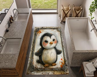 Cute Penguin Rug, Kawaii Animal Carpet, Aesthetic Room Decor, Soft Plush Style Rug, Kids Room Cute Decor
