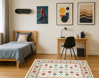 Washable Non-Slip Rug, Traditional Anatolian Turkish Floral Pattern, Ivory Base, Red Blue Green Design, Living Room Bedroom Decor Mat