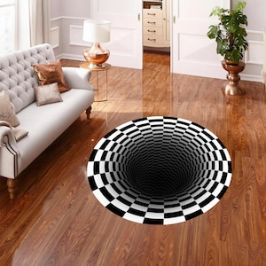 Alfombra con ilusión de agujeros 3D, diseño de tablero de ajedrez blanco y negro, redonda, con vórtice, decoración óptica moderna, antideslizante y lavable.