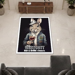 Alfombra de bar vintage con forma de conejo, alfombra de taberna con temática de conejitos, alfombra decorativa para pubs, alfombra con temática de animales, alfombra lavable para sala de estar o cueva de hombre.