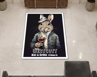 Vintage Rabbit Bar Rug Bunny Tavern Carpet Pub Decor Animal Area Rug Man Cave Lounge Washable Floor Mat