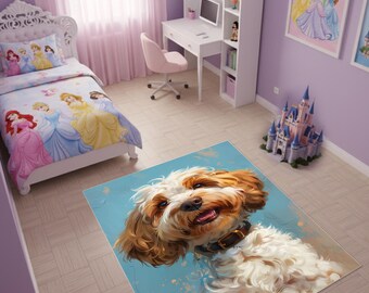 Cavapoo Dog Rug, Cute Puppy Area Rug, Pet Lover Gift, Fluffy Dog Carpet, Kids Room Nursery Decor, Modern Animal Rug, Cavapoo Portrait Rug