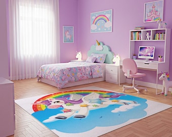 Unicorn Area Rug, Rainbow Nursery Decor, Magical Flying Unicorn Kids Room Carpet,  Girls Bedroom Decor, Non-Slip Washable Play Mat