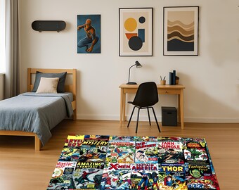 Marvel Comic Collage Rug, Washable Non Slip Vintage Superhero Carpet, Spider Man Decor, Iron Man Rug, Captain America, Thor Hulk Decor