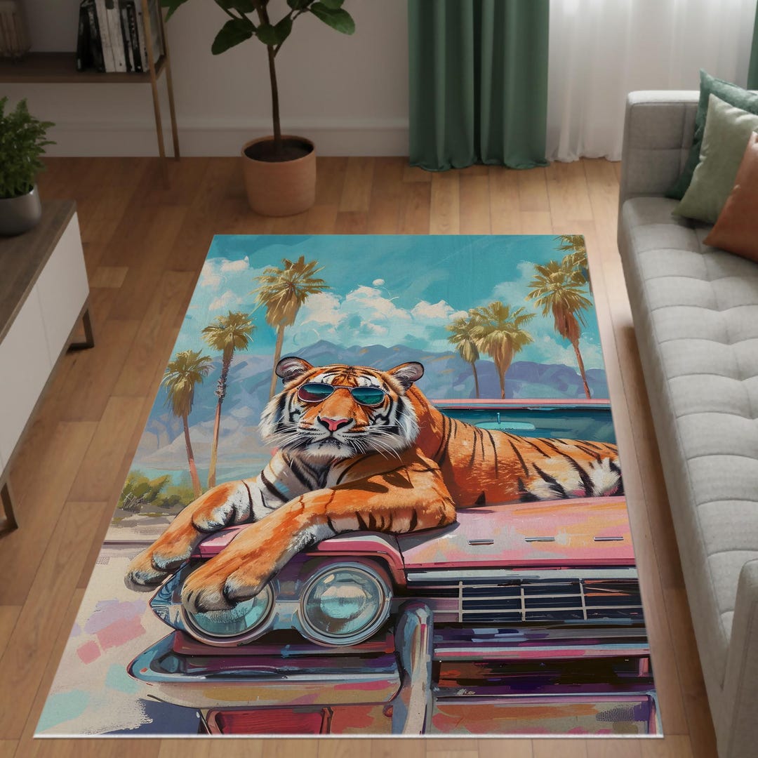 Tiger Rug, Cool Tiger Art Rug, Palm Tree Tropical Rug, Animal Print ...