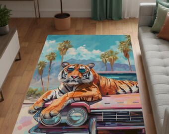 Tiger Rug, Cool Tiger Art Rug, Palm Tree Tropical Rug, Animal Print Area Rug, Modern Living Room Decor, Colorful Tiger Carpet