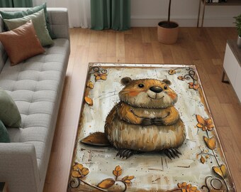 Otter Area Rug, Woodland Nursery Decor, Kids Room Animal Carpet, Washable Non Slip Floor Mat, Cottagecore Baby Room Rug, Forest Animal Decor